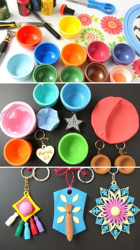 A collection of oven-dry clay projects: bowls, keychains, and wall art on a crafting table.